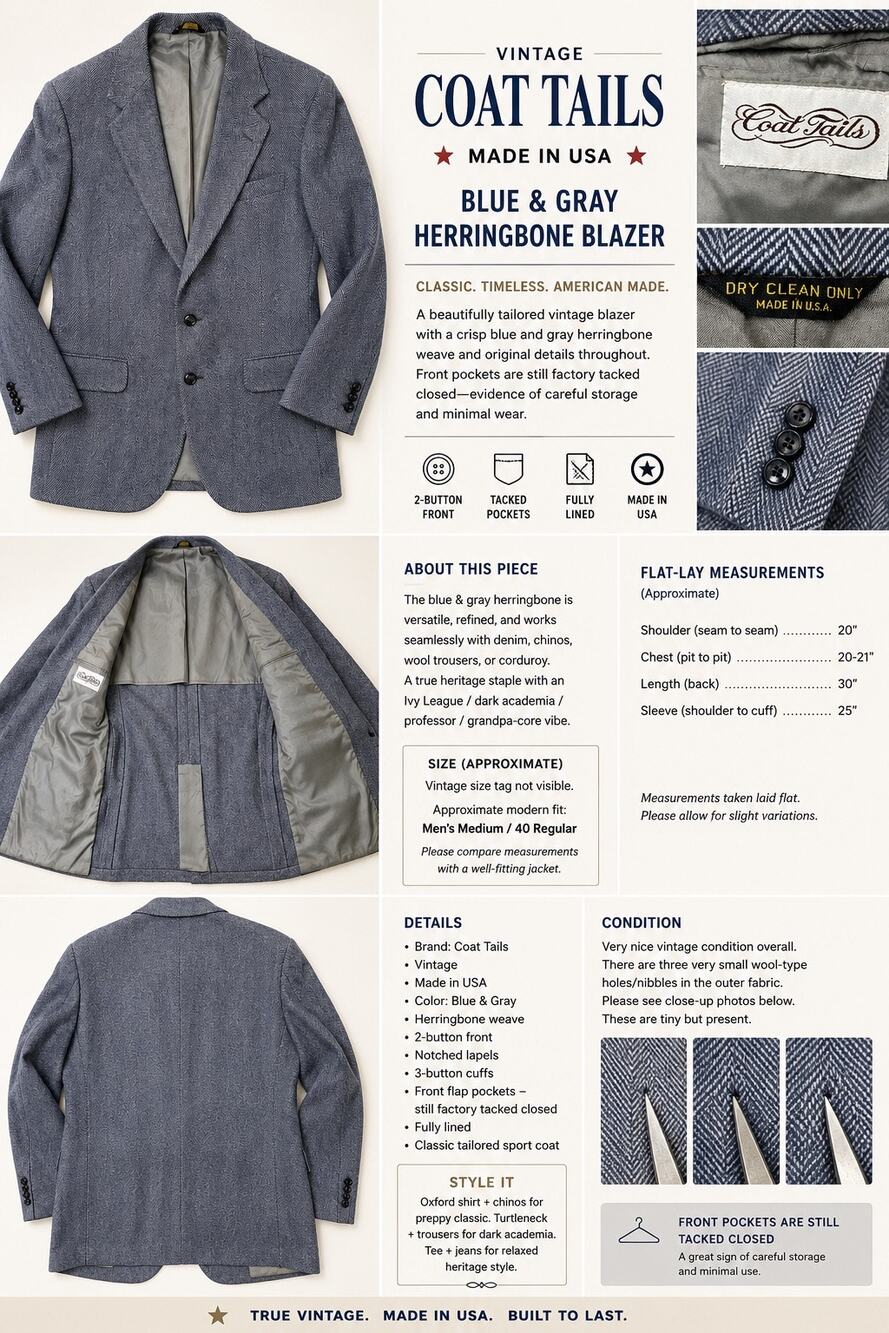 Vintage Coat Tails Sz 40 Blue Gray Herringbone Blazer Made USA Mens Sport Coat